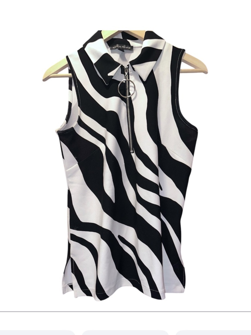 Boston Proper Black and White Zebra-Print Zip Polo Tank